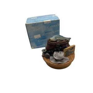 Our America Gone Fishing Candle Topper Jar Lid Accessory Creel Rod Net with Box